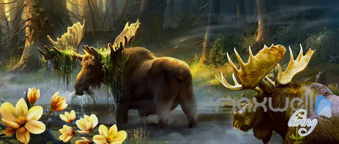Image of Forest Moose Flowers Entire Living Room Wallpaper Wall Murals Art Prints IDCQW-000151