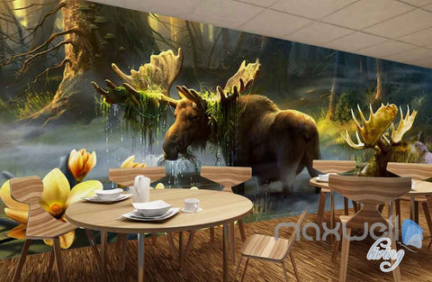 Image of Forest Moose Flowers Entire Living Room Wallpaper Wall Murals Art Prints IDCQW-000151