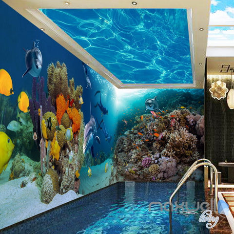 Image of 3D Coral Dophin Colorful Fish Entire Room Wallpaper Wall Mural Art Prints IDCQW-000159
