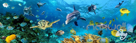 Image of 3D Turtle Dophin Tropical Fish Entire Room Wallpaper Wall Mural Art Prints IDCQW-000160