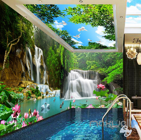 Image of 3D Mountain Waterfall Lilypad Lotus Entire Room wallpaper Wall Mural Art Prints IDCQW-000162