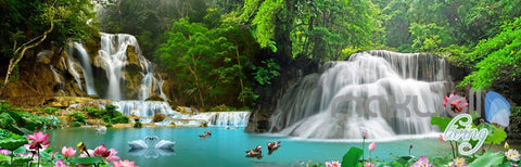 Image of 3D Mountain Waterfall Lilypad Lotus Entire Room wallpaper Wall Mural Art Prints IDCQW-000162