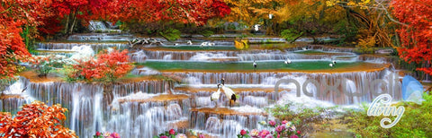 Image of 3D Red Forest Waterfall Entire Room Wallpaper Wall Mural Art Prints IDCQW-000166