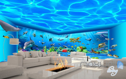 Image of 3D Auquarium View Ray Fish Entire Room Wallpaper Wall Mural Art Prints IDCQW-000171