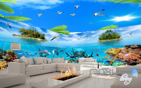 Image of 3D Island Underwater Coral Sharks Entire Room Wallpaper Wall Mural Art IDCQW-000172