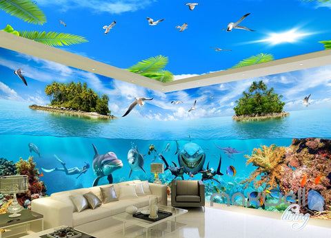 Image of 3D Island Underwater Coral Sharks Entire Room Wallpaper Wall Mural Art IDCQW-000172