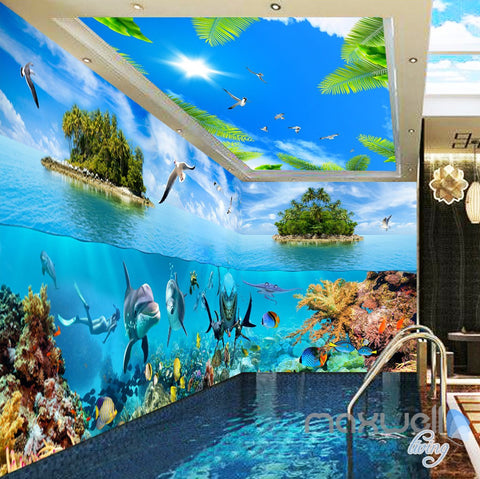 Image of 3D Island Underwater Coral Sharks Entire Room Wallpaper Wall Mural Art IDCQW-000172