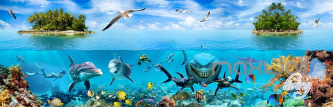 Image of 3D Island Underwater Coral Sharks Entire Room Wallpaper Wall Mural Art IDCQW-000172