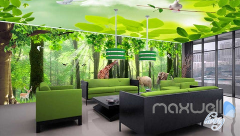 Image of 3D Froest Animals Grass Tree Entire Living Room Wallpaper Wall Mural Art IDCQW-000173