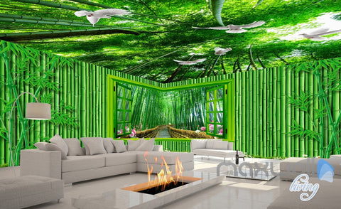 Image of 3D Bamboo House Froest Window View Entire Living Room Wallpaper Wall Mural Art IDCQW-000174