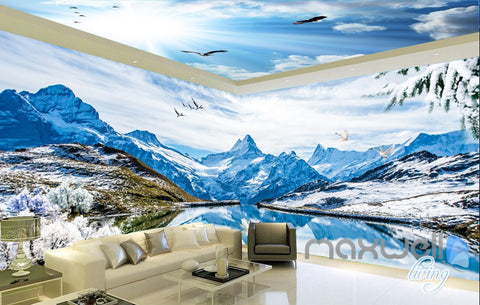 Image of 3D Snow Mountain Swan Lake Sky Clouds Ceiling Entire Room Wallpaper Wall Mural IDCQW-000175