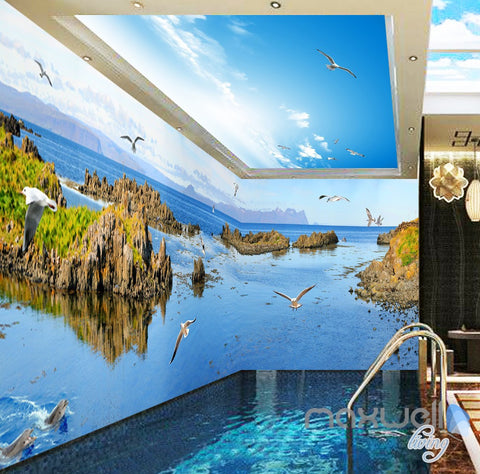 Image of 3D Dophin Bay Water View Birds Entire Living Room Wallpaper Wall Mural Art IDCQW-000176