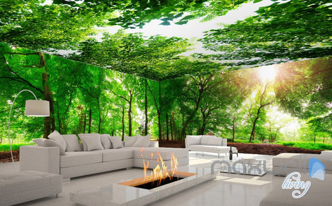 Image of 3D Green Sunshine Forest Deer Entire Living Room Wallpaper Wall Mural Art Prints IDCQW-000178