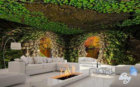 Image of 3D Cave Hole Vine Lake View Entire Living Room Wallpaper Wall Mural Art Prints IDCQW-000180