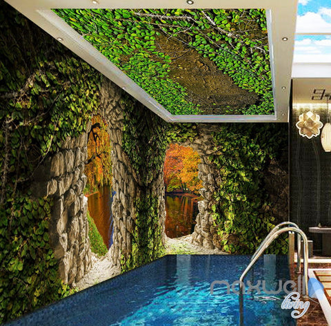 Image of 3D Cave Hole Vine Lake View Entire Living Room Wallpaper Wall Mural Art Prints IDCQW-000180