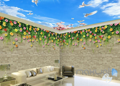 Image of 3D Flower Vine Bird Brick Wall Entire Living Room Wallpaper Mural Art Prints IDCQW-000181