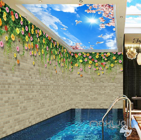 Image of 3D Flower Vine Bird Brick Wall Entire Living Room Wallpaper Mural Art Prints IDCQW-000181