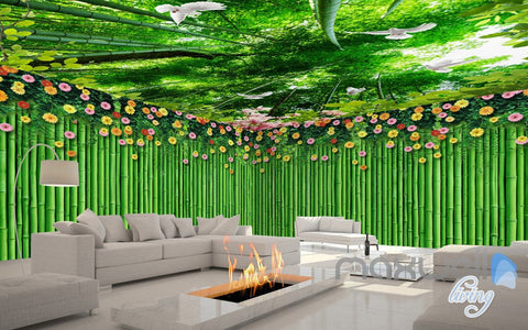 Image of 3D Bamboo Wall Flower Top Ceiling Entire Living Room Wallpaper Wall Mural Art IDCQW-000182