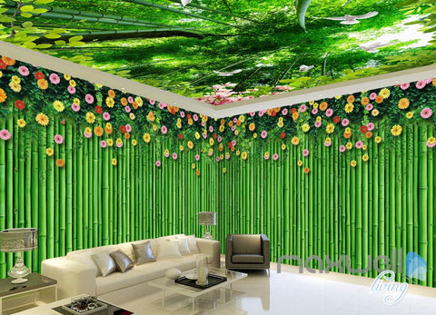 Image of 3D Bamboo Wall Flower Top Ceiling Entire Living Room Wallpaper Wall Mural Art IDCQW-000182