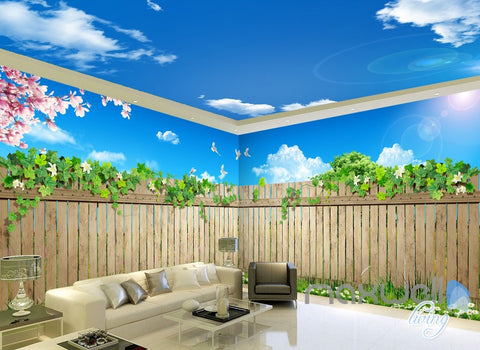 Image of 3D Garden Fence Flower Sunshine Sky Ceiling Entire Living Room Wallpaper Wall Mural IDCQW-000183