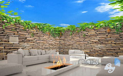 Image of 3D Vine Brick Wall Green Leaf Ceiling Entire Living Room Wallpaper Mural Decor Art IDCQW-000184
