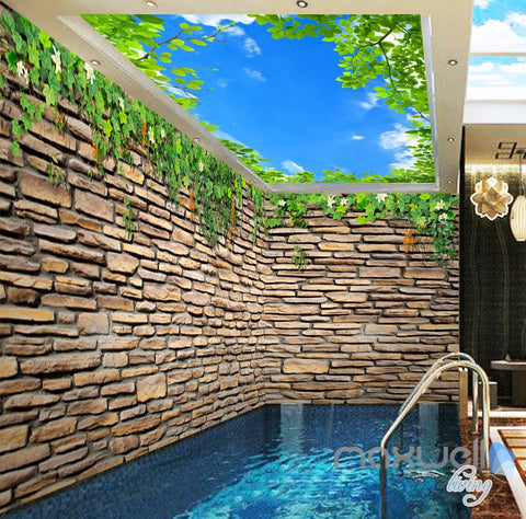 Image of 3D Vine Brick Wall Green Leaf Ceiling Entire Living Room Wallpaper Mural Decor Art IDCQW-000184