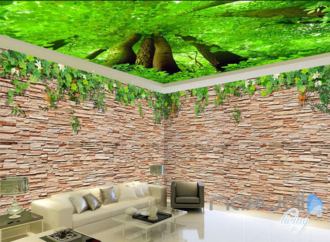 Image of 3D Brick Wall Tree Top Ceiling Entire Living Room Wallpaper Mural Decor Art IDCQW-000185