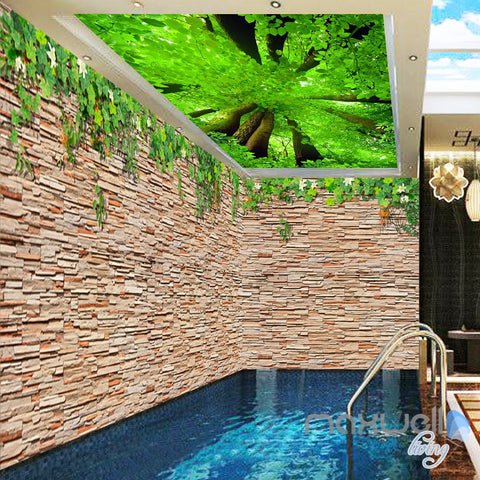 Image of 3D Brick Wall Tree Top Ceiling Entire Living Room Wallpaper Mural Decor Art IDCQW-000185