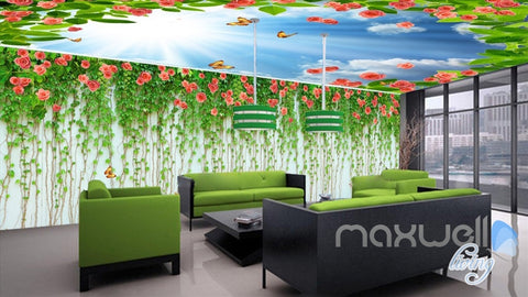 Image of 3D Rose Butterfly Vine Sunshine Ceiling Entire Living Room Wallpaper Wall Mural Art IDCQW-000186