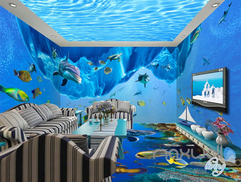 Image of 3D Dophin Fish Shoal Undersea Entire Living Room Wallpaper Wall Mural Art Decor Prints IDCQW-000194