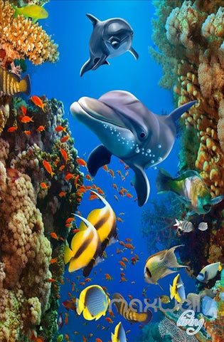 Image of 3D Dophin Fish Shoal Undersea Entire Living Room Wallpaper Wall Mural Art Decor Prints IDCQW-000194