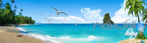 Image of 3D Beach Starfish Sea Bird Palm Entire Living Room Wallpaper Wall Mural Art Decor IDCQW-000195