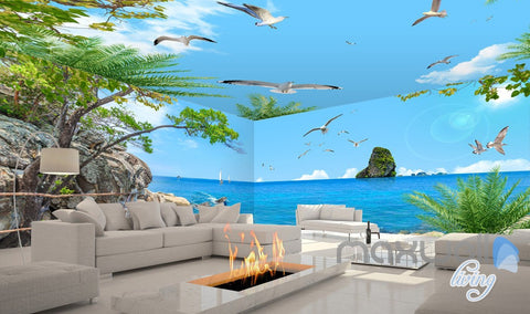 Image of 3D Tree Sea Cliff Dophin Play Entire Living Room Wallpaper Wall Mural Art Decor IDCQW-000196