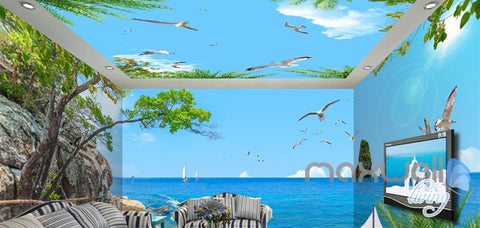 Image of 3D Tree Sea Cliff Dophin Play Entire Living Room Wallpaper Wall Mural Art Decor IDCQW-000196