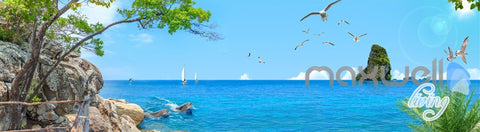 Image of 3D Tree Sea Cliff Dophin Play Entire Living Room Wallpaper Wall Mural Art Decor IDCQW-000196