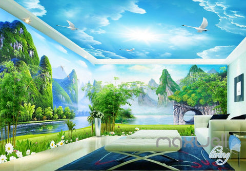 Image of 3D Guilin Mountain River Sunny Day Entire Living Room Wallpaper Wall Mural Art Decor IDCQW-000202