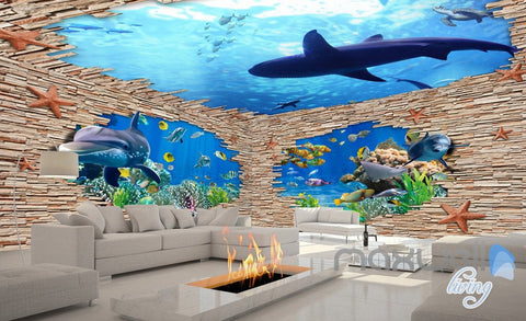 Image of 3D Rock Brick Hole Dophin Fish Entire Room Bathroom Wallpaper Wall Mural Art Decor IDCQW-000204