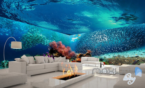 Image of 3D Shoal of Fish Coral Entire Living Room Bathroom Wallpaper Wall Mural Art Decor IDCQW-000206