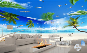 3D Palm Tree Beach View Seagull Ceiling Entire Living Room Wallpaper Wall Mural Art Decor IDCQW-000207