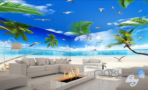 Image of 3D Palm Tree Beach View Seagull Ceiling Entire Living Room Wallpaper Wall Mural Art Decor IDCQW-000207