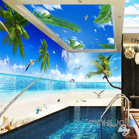 Image of 3D Palm Tree Beach View Seagull Ceiling Entire Living Room Wallpaper Wall Mural Art Decor IDCQW-000207