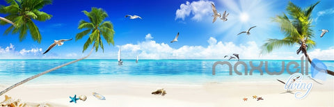 Image of 3D Palm Tree Beach View Seagull Ceiling Entire Living Room Wallpaper Wall Mural Art Decor IDCQW-000207