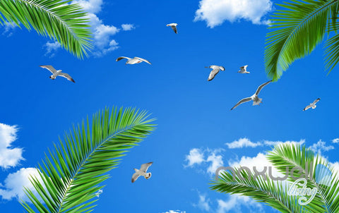 Image of 3D Palm Tree Beach View Seagull Ceiling Entire Living Room Wallpaper Wall Mural Art Decor IDCQW-000207