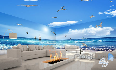 Image of 3D Sea Wave Sail Boat Seagull Beach Entire Room Bathroom Wallpaper Wall Mural Art Decor IDCQW-000208