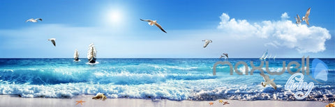 Image of 3D Sea Wave Sail Boat Seagull Beach Entire Room Bathroom Wallpaper Wall Mural Art Decor IDCQW-000208