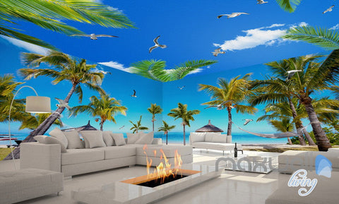 Image of 3D Fiji Island Beach Palm Tree Entire Living Room Wallpaper Wall Mural Art Decor IDCQW-000210