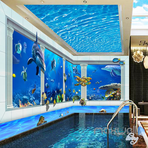Image of 3D Shimmering Water Ceiling Dophin Window View Entire Room Bathroom Wallpaper Wall Mural Art IDCQW-000212