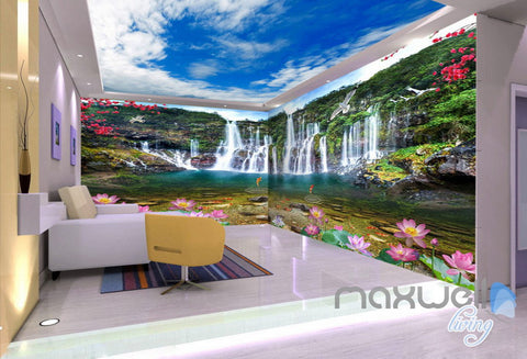 Image of 3D Waterfall Lotus Fish Mountain Entire Living Room Wallpaper Wall Mural Art Decor IDCQW-000213