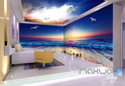 Image of 3D Sunrise Beach View Wave Ceiling Entire Room Bedroom Wallpaper Wall Mural Art Decor Prints IDCQW-000215