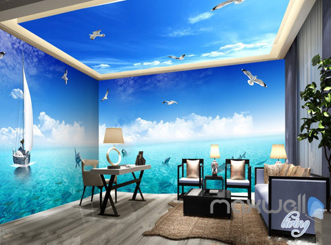 Image of 3D Dophins Playing Sail Boat Seagull Ceiling Entire Room Wallpaper Wall Mural Art Decor IDCQW-000216